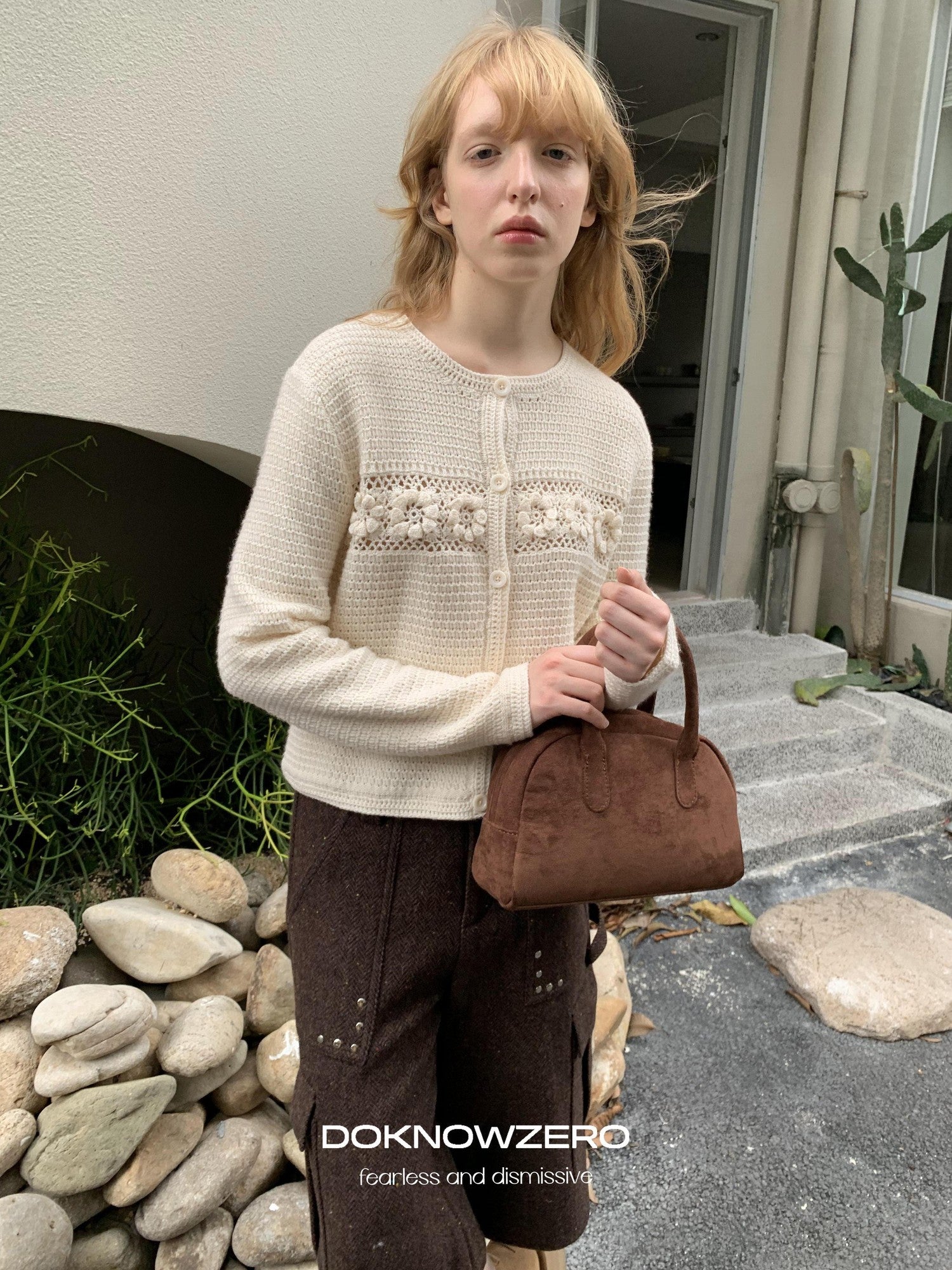 DKZ OFFICIAL Apricot 3D Crochet Floral Hollow Oversized Knit Women&