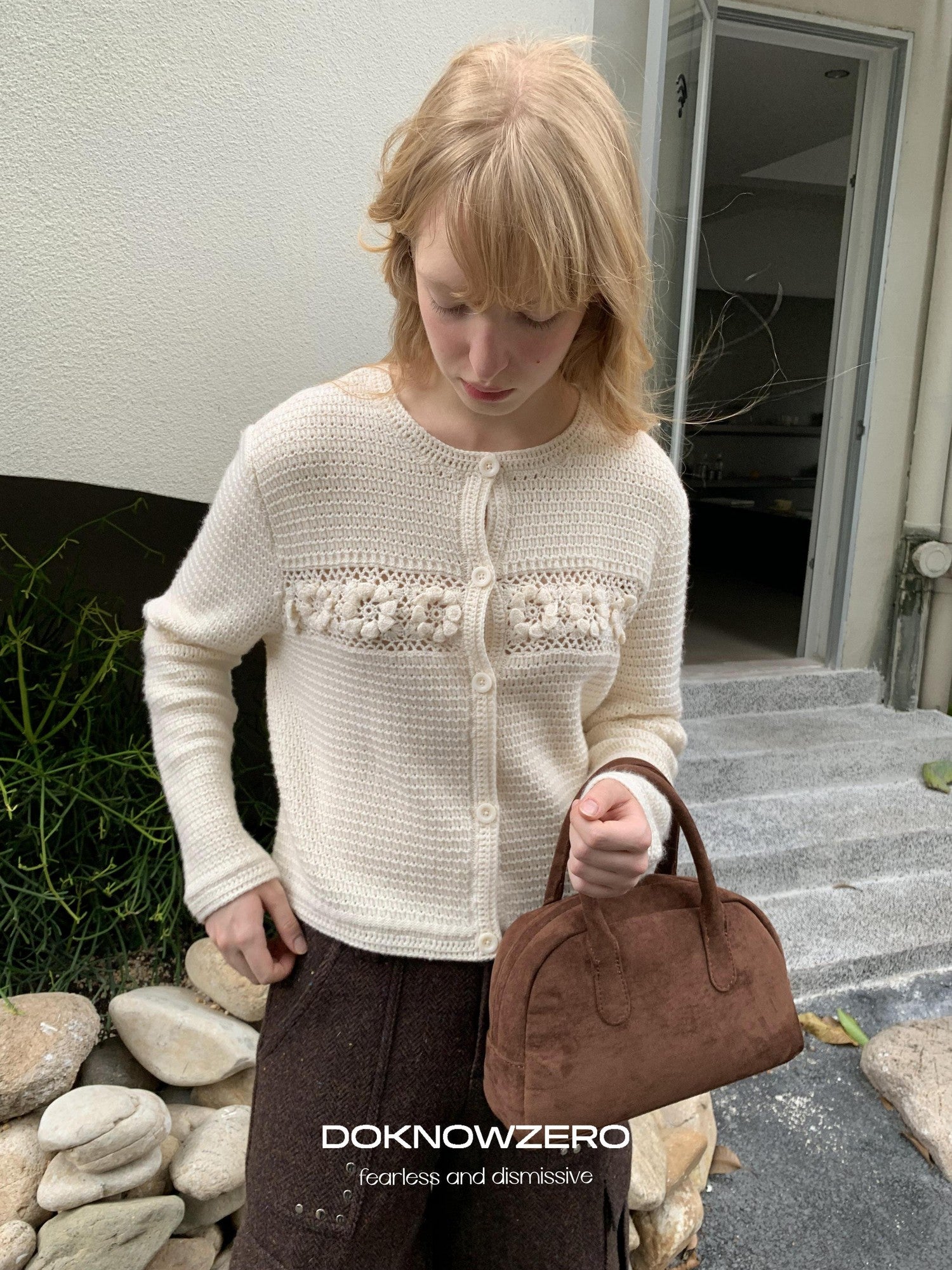 DKZ OFFICIAL Apricot 3D Crochet Floral Hollow Oversized Knit Women&