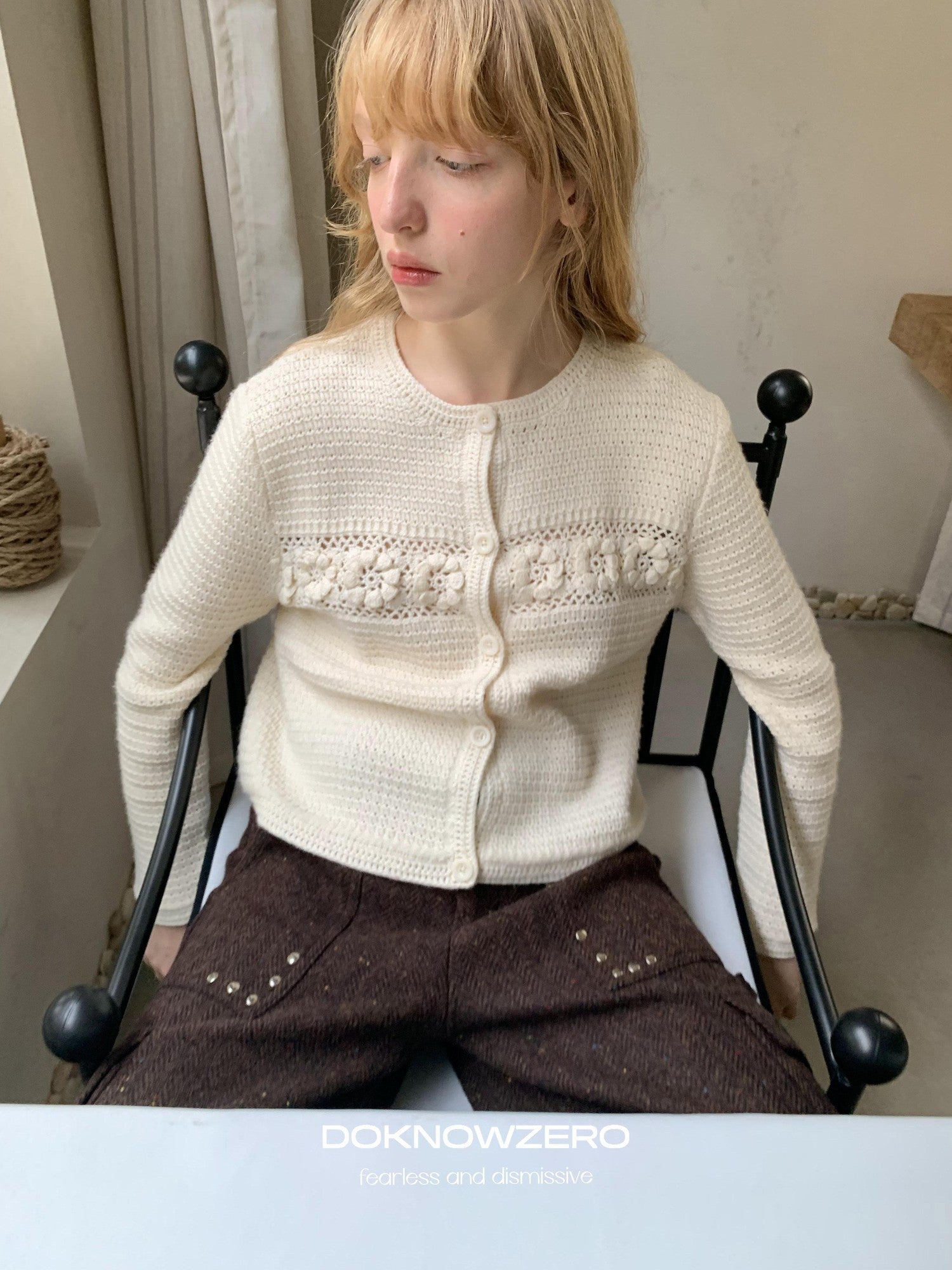 DKZ OFFICIAL Apricot 3D Crochet Floral Hollow Oversized Knit Women&