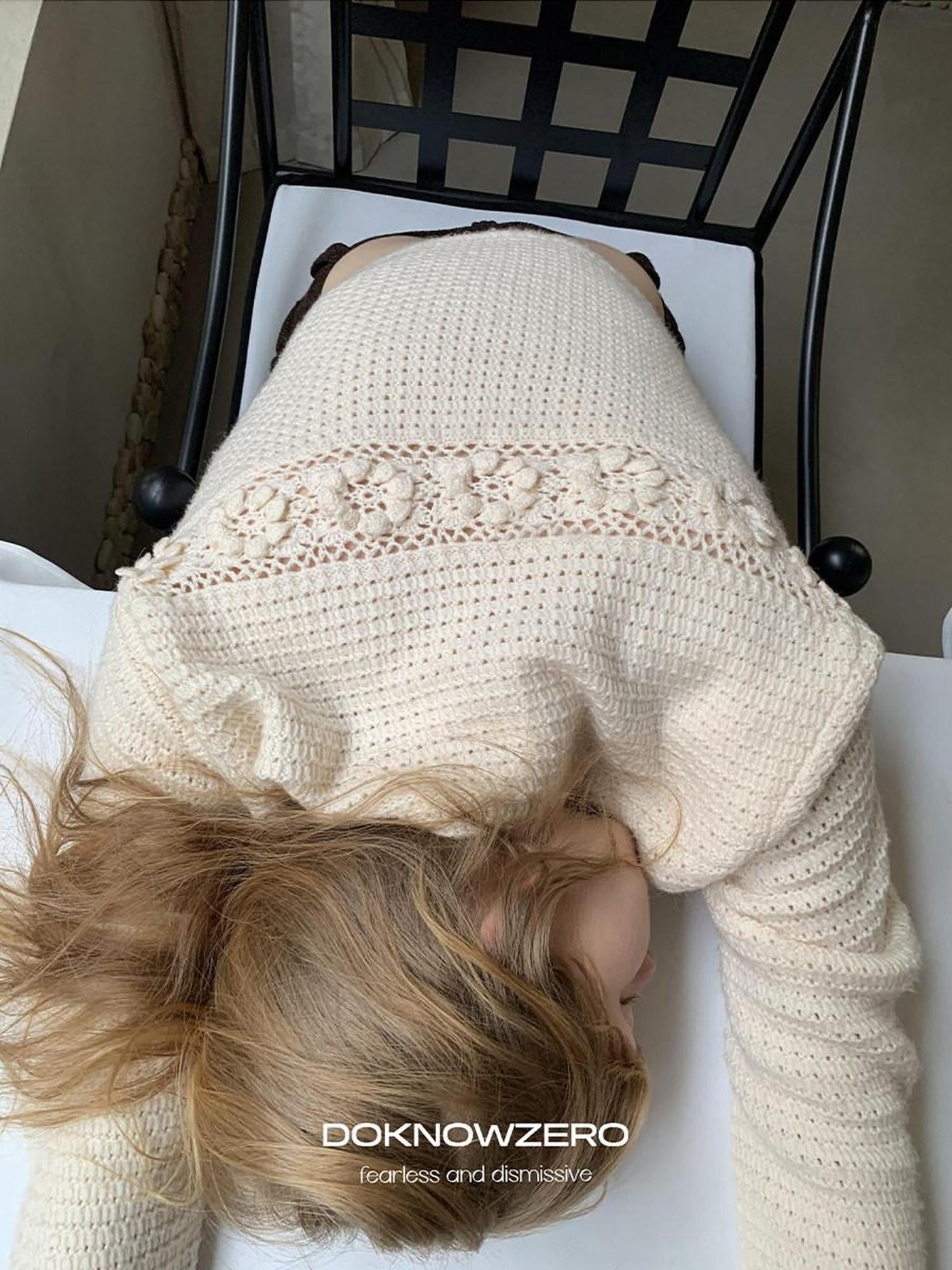 DKZ OFFICIAL Apricot 3D Crochet Floral Hollow Oversized Knit Women&