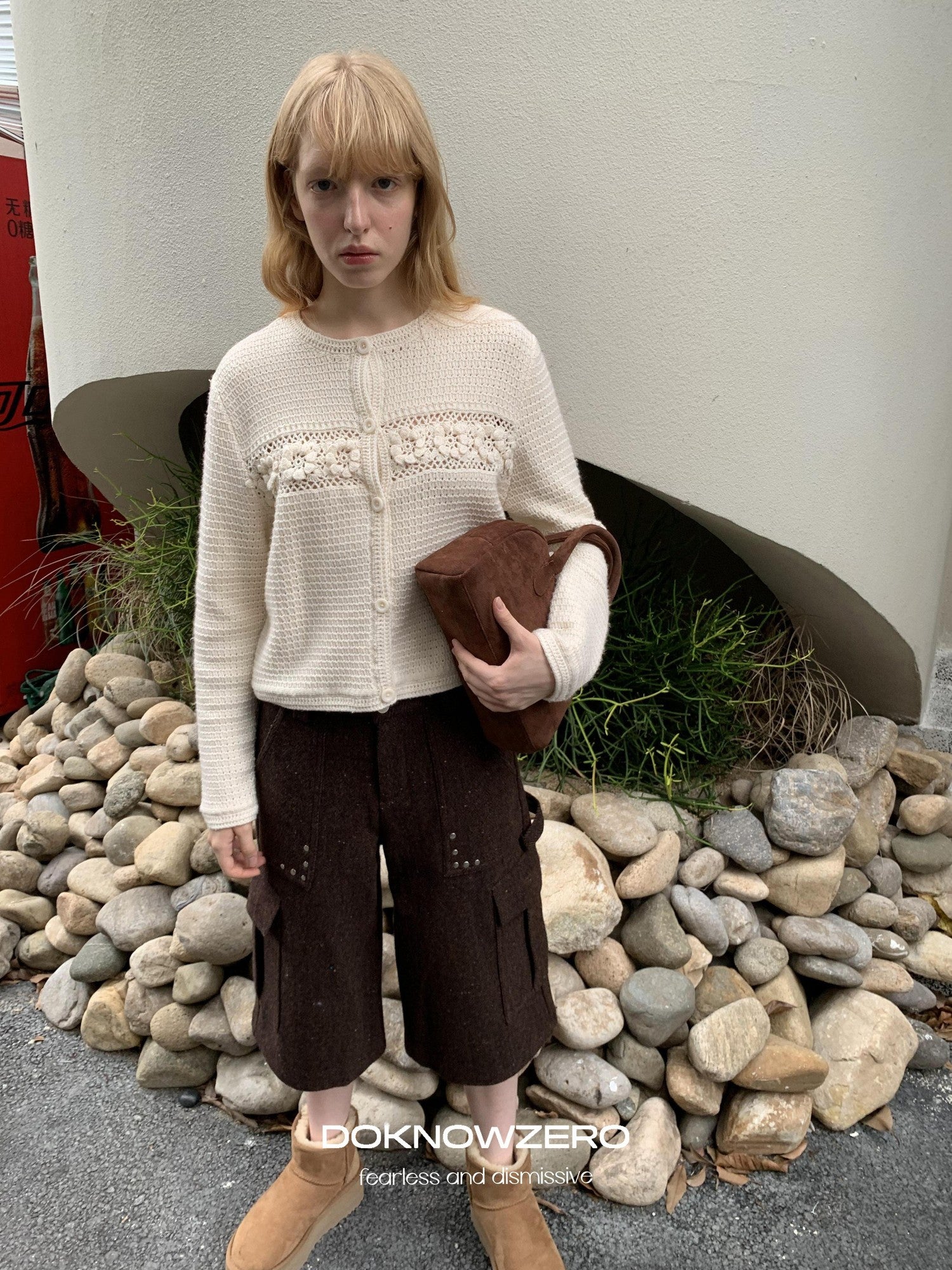 DKZ OFFICIAL Apricot 3D Crochet Floral Hollow Oversized Knit Women&