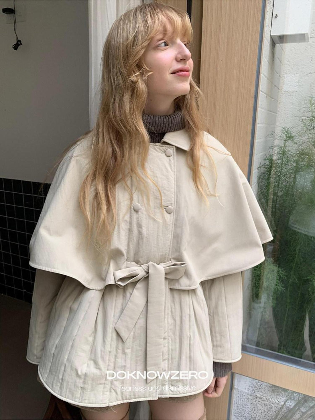DKZ OFFICIAL Apricot Cape Style Double Breasted Belted Women&