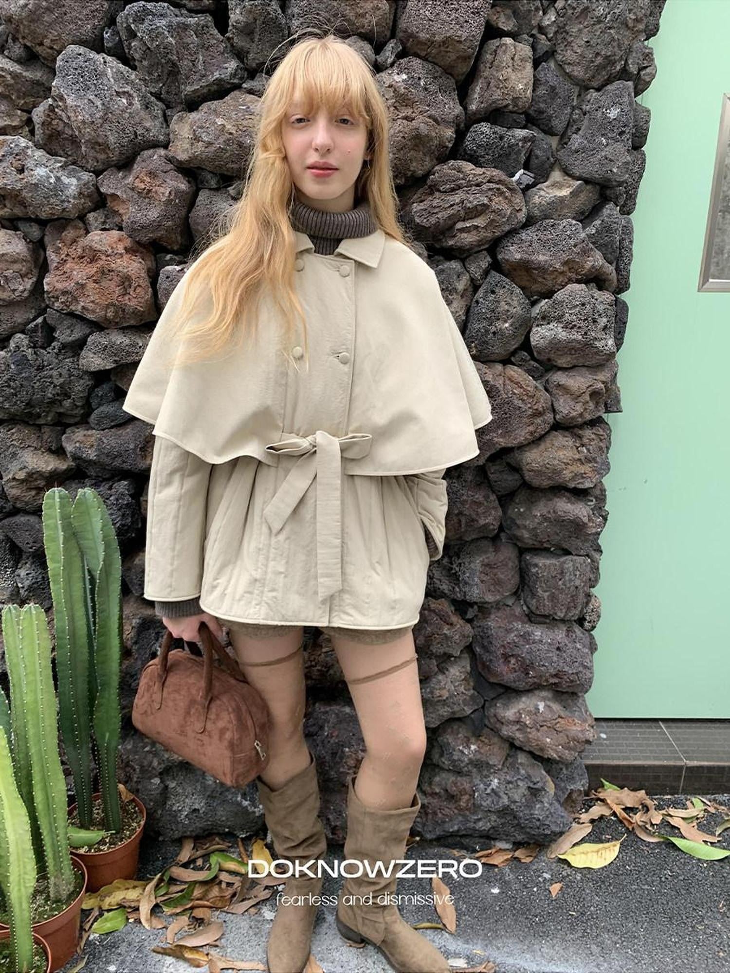 DKZ OFFICIAL Apricot Cape Style Double Breasted Belted Women&