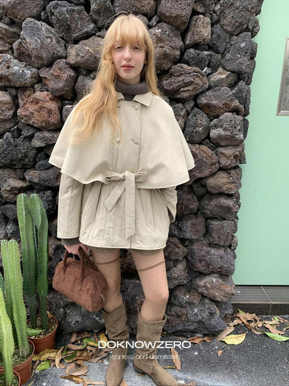 DKZ OFFICIAL Apricot Cape Style Double Breasted Belted Women&