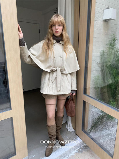 DKZ OFFICIAL Apricot Cape Style Double Breasted Belted Women&