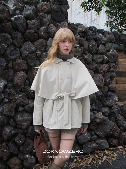 DKZ OFFICIAL Apricot Cape Style Double Breasted Belted Women&