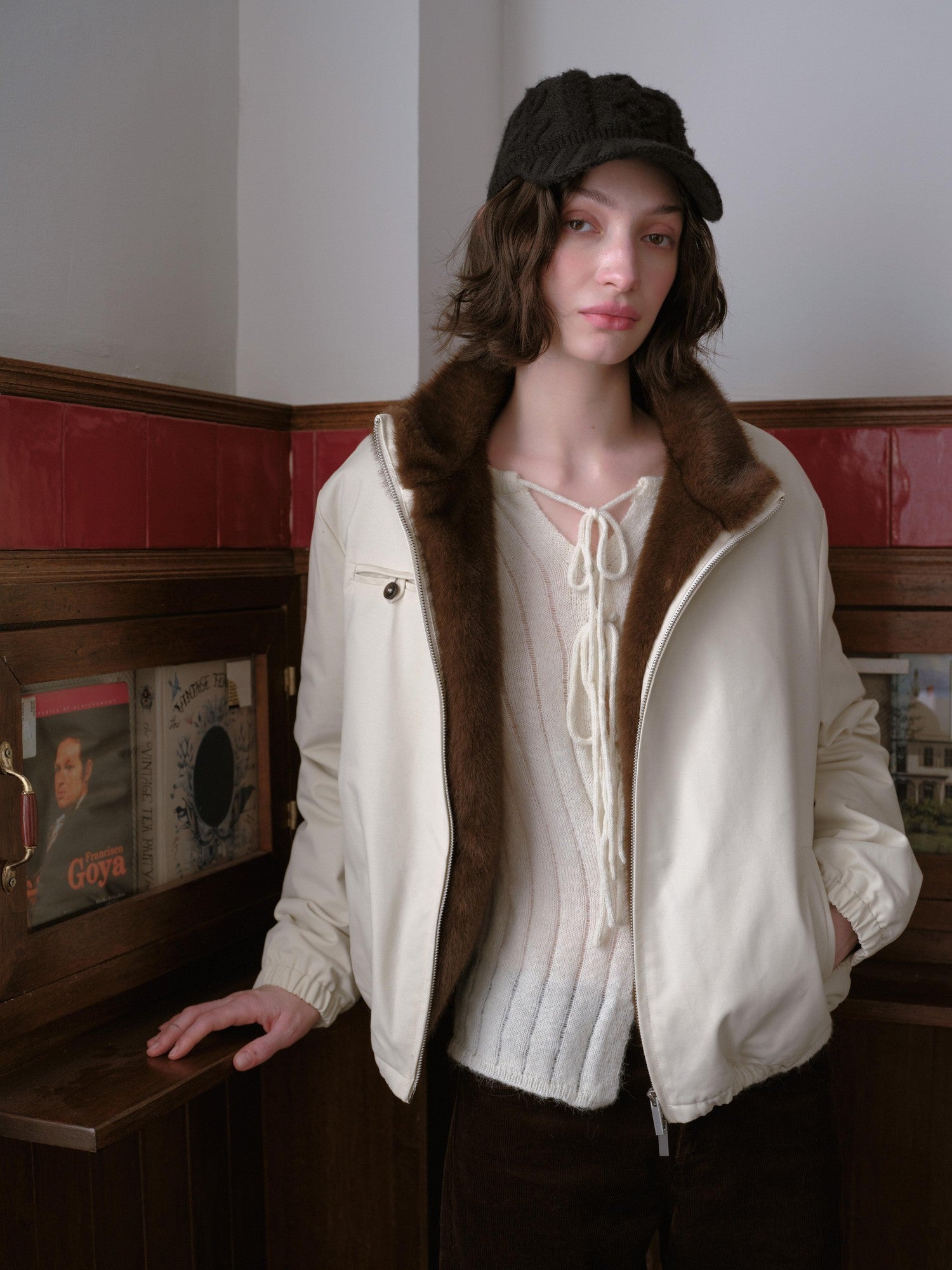 DKZ OFFICIAL Apricot Contrast Fur Collar Zip Front Women&