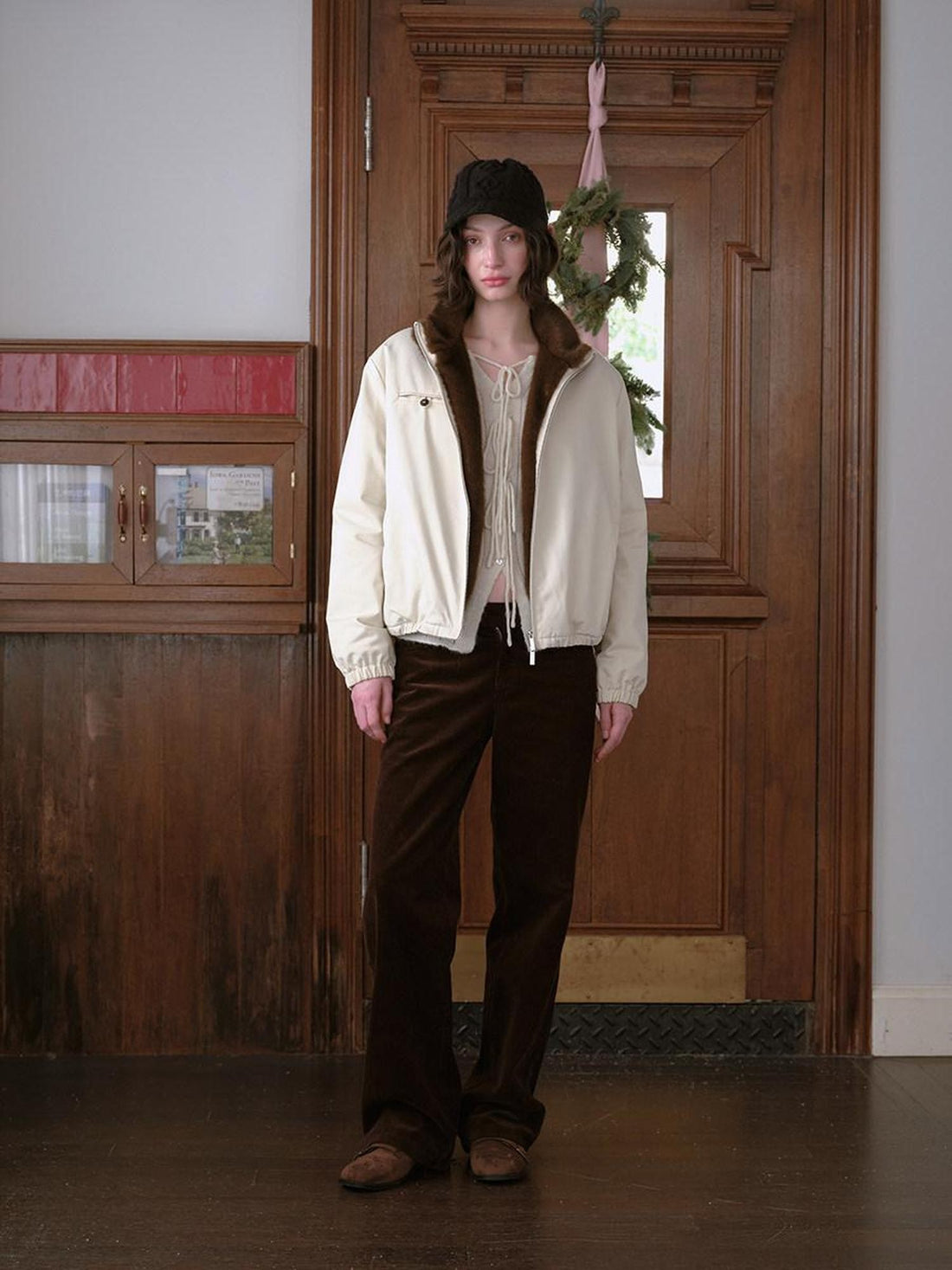 DKZ OFFICIAL Apricot Contrast Fur Collar Zip Front Women&