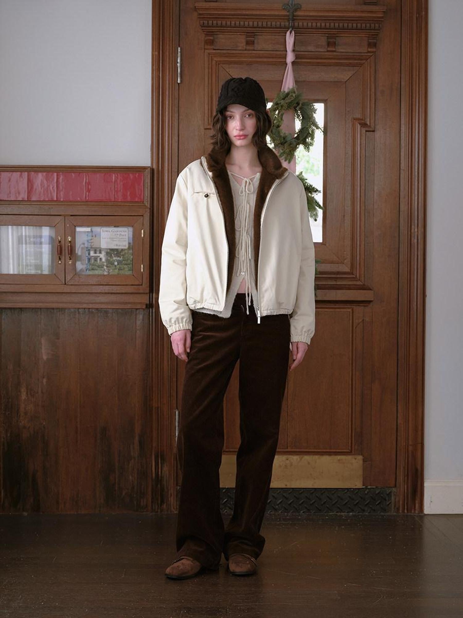 DKZ OFFICIAL Apricot Contrast Fur Collar Zip Front Women&