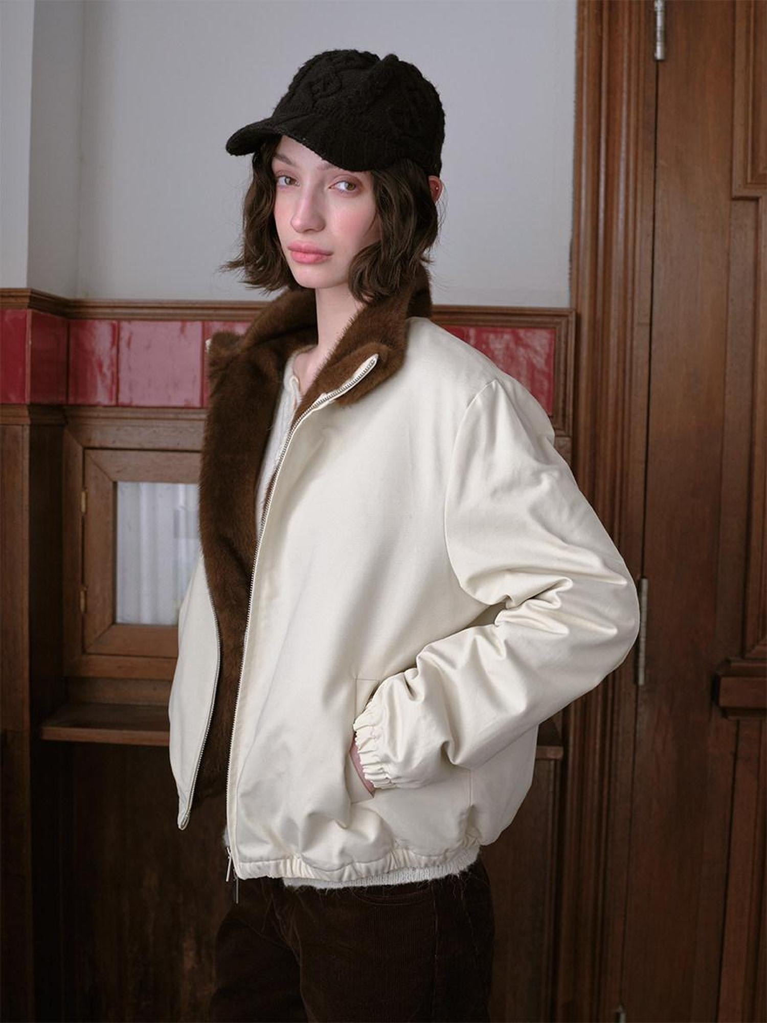 DKZ OFFICIAL Apricot Contrast Fur Collar Zip Front Women&