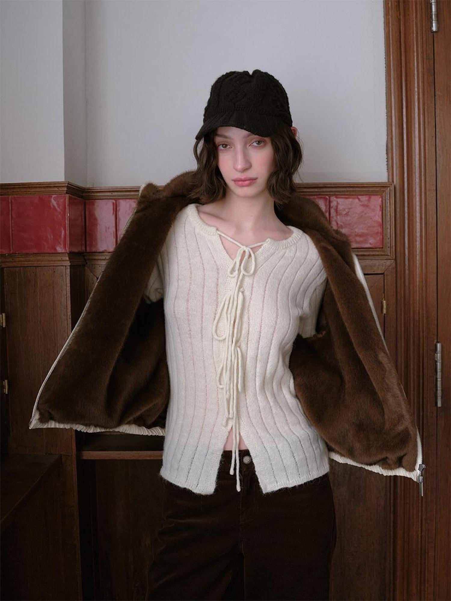 DKZ OFFICIAL Apricot Contrast Fur Collar Zip Front Women&