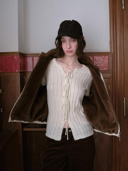 DKZ OFFICIAL Apricot Contrast Fur Collar Zip Front Women&