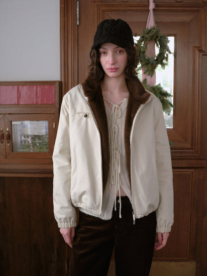 DKZ OFFICIAL Apricot Contrast Fur Collar Zip Front Women&