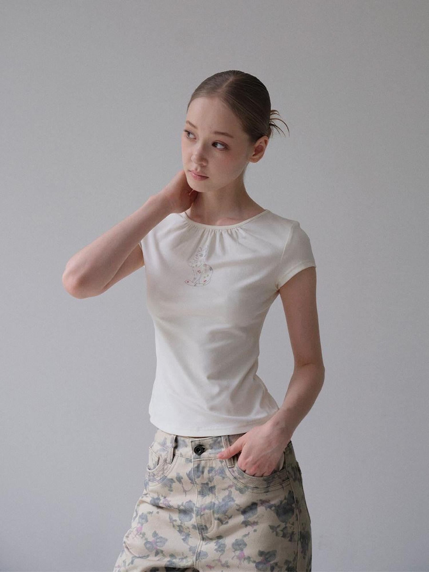 DKZ OFFICIAL Apricot Kitten Floral Ruched Women&