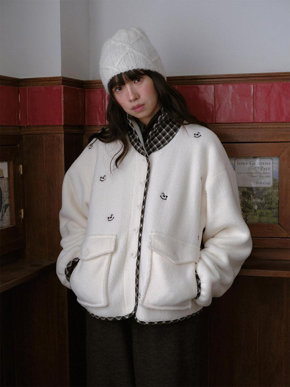 DKZ OFFICIAL Apricot Plaid Patchwork Rocking Horse Embroidery Women&