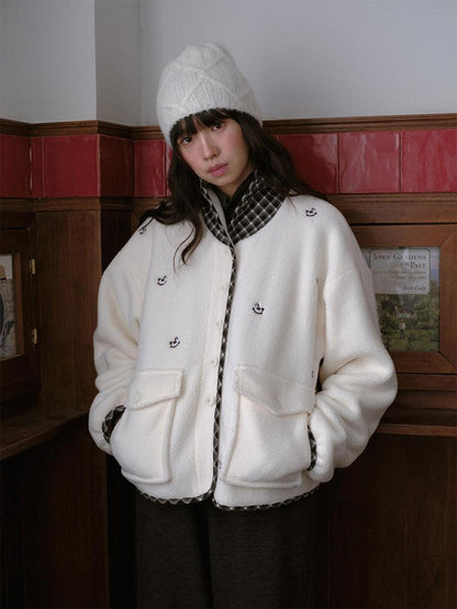 DKZ OFFICIAL Apricot Plaid Patchwork Rocking Horse Embroidery Women&