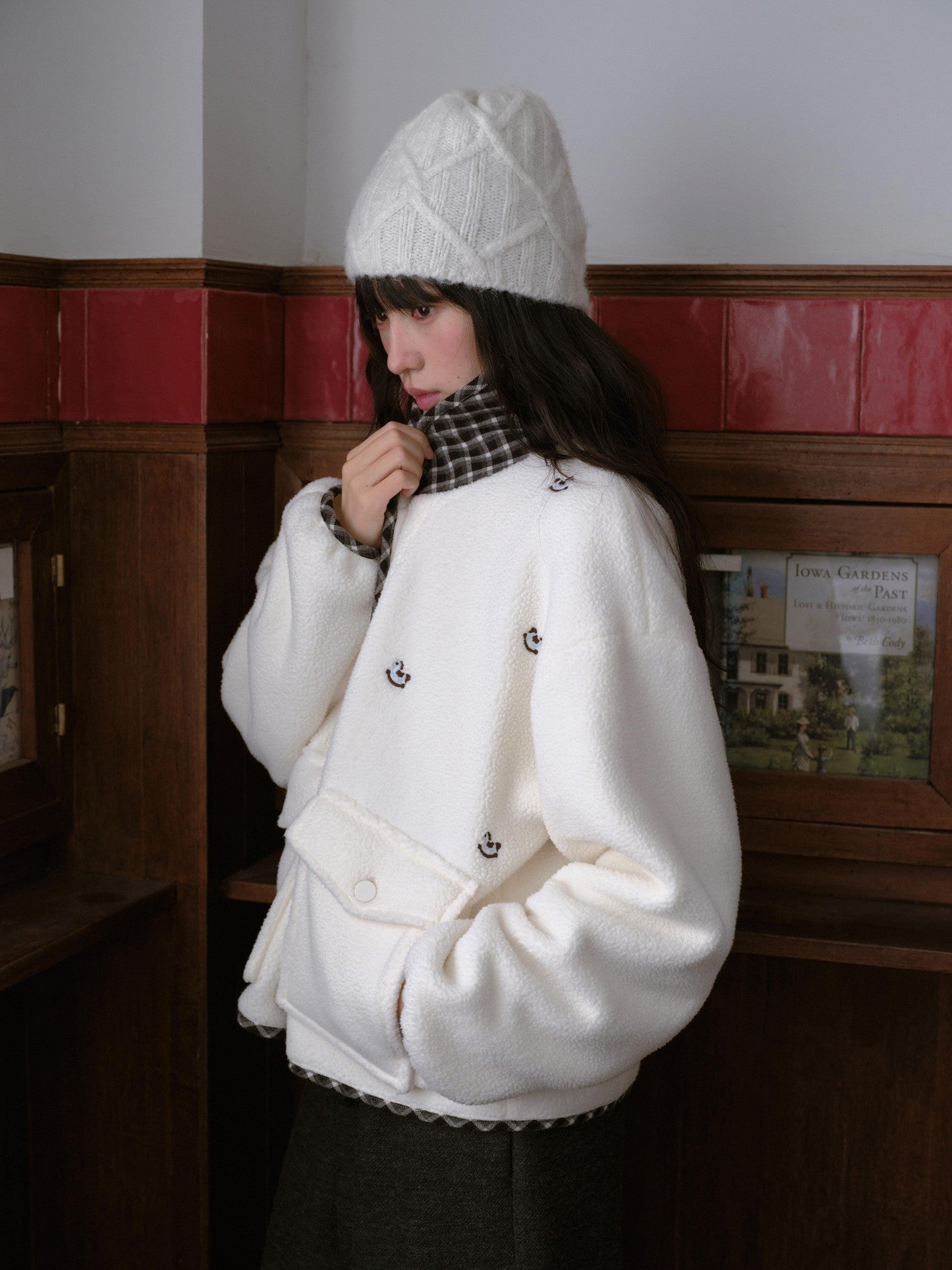 DKZ OFFICIAL Apricot Plaid Patchwork Rocking Horse Embroidery Women&