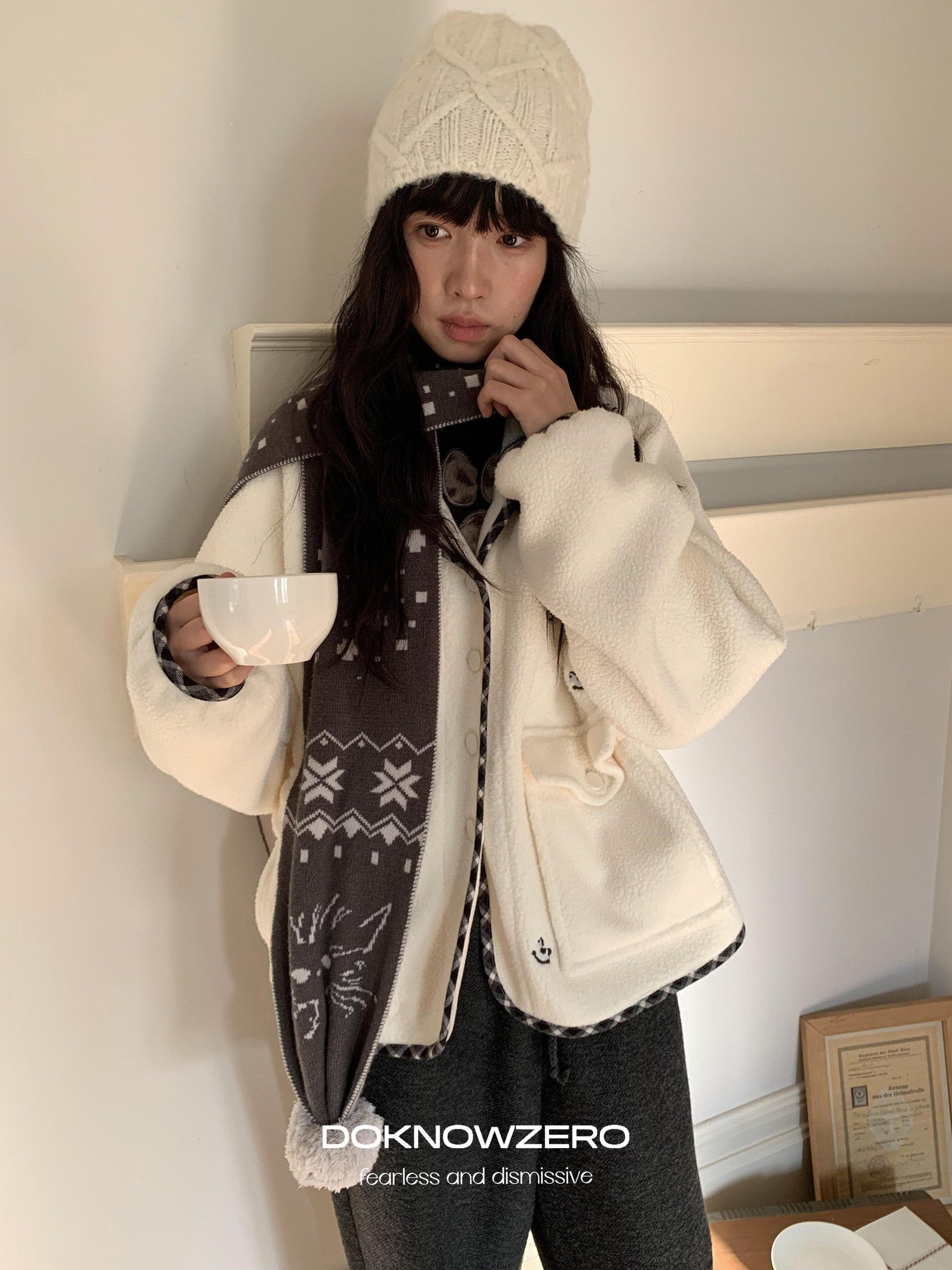 DKZ OFFICIAL Apricot Plaid Patchwork Rocking Horse Embroidery Women&