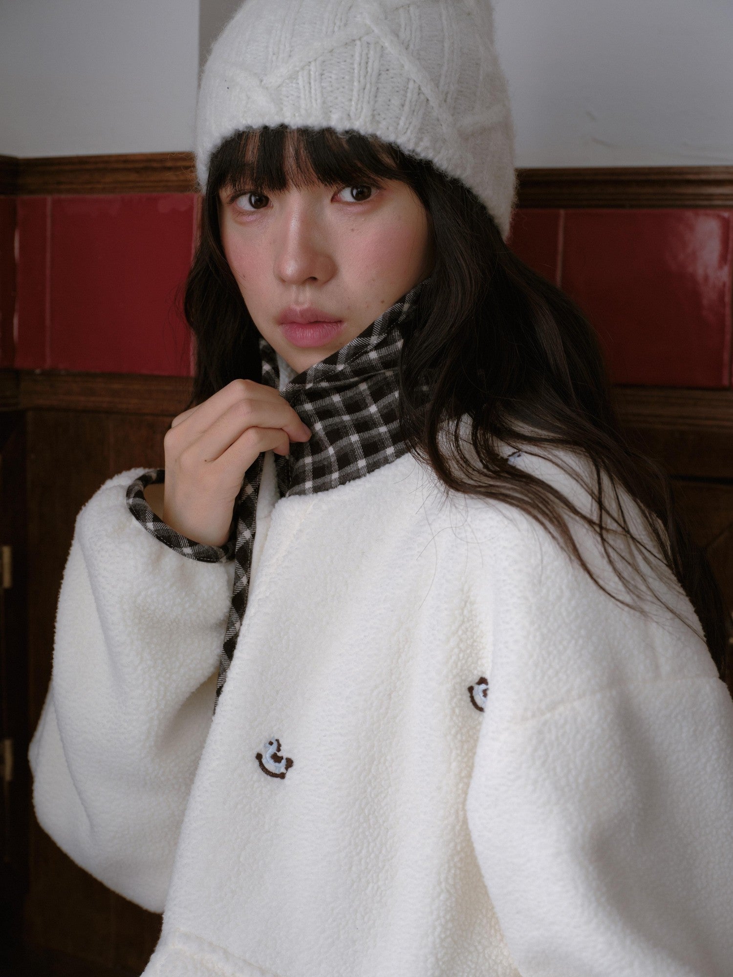 DKZ OFFICIAL Apricot Plaid Patchwork Rocking Horse Embroidery Women&