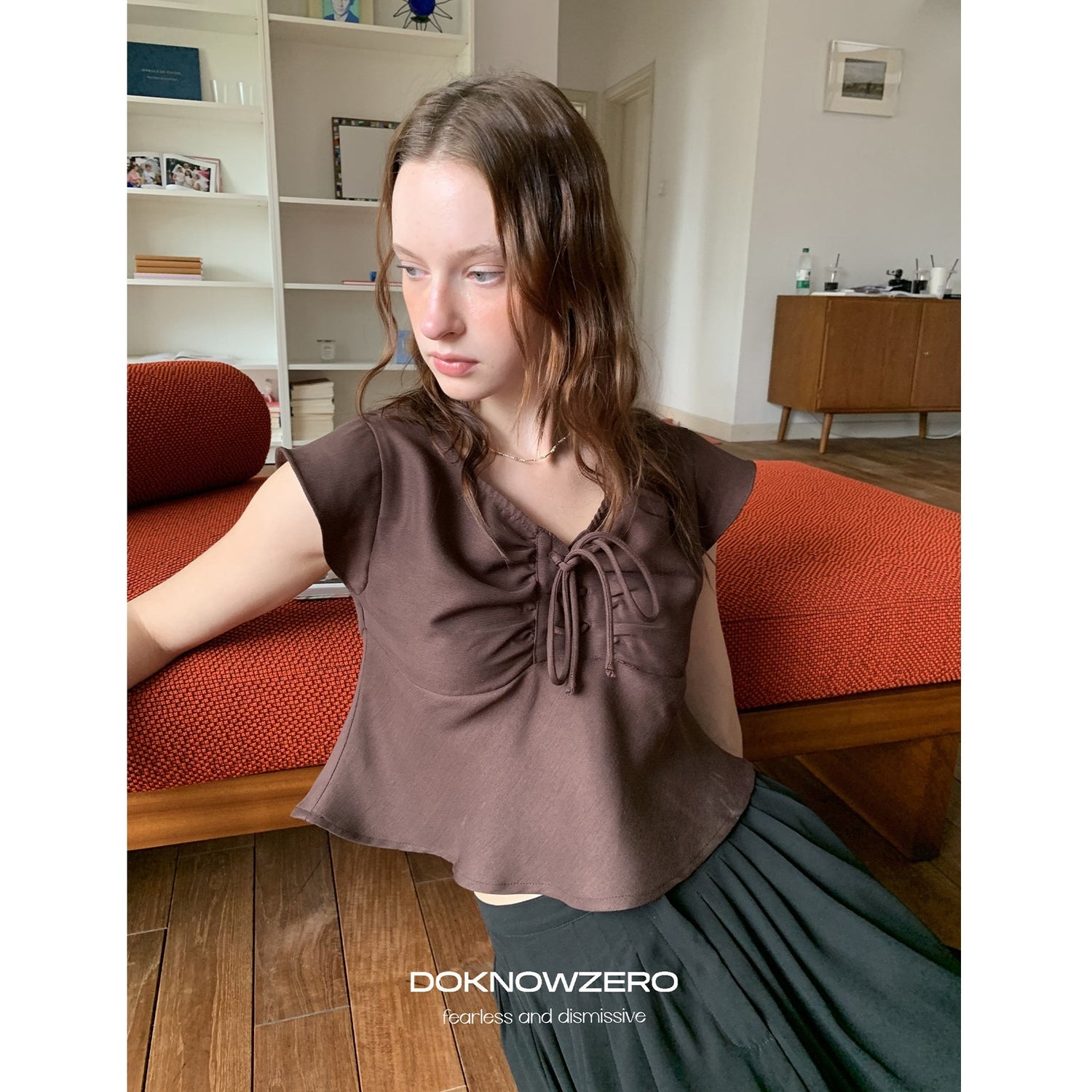 DKZ_OFFICIAL_Apricot_Tie_V-neck_Cap_Sleeve_Cropped_Women&