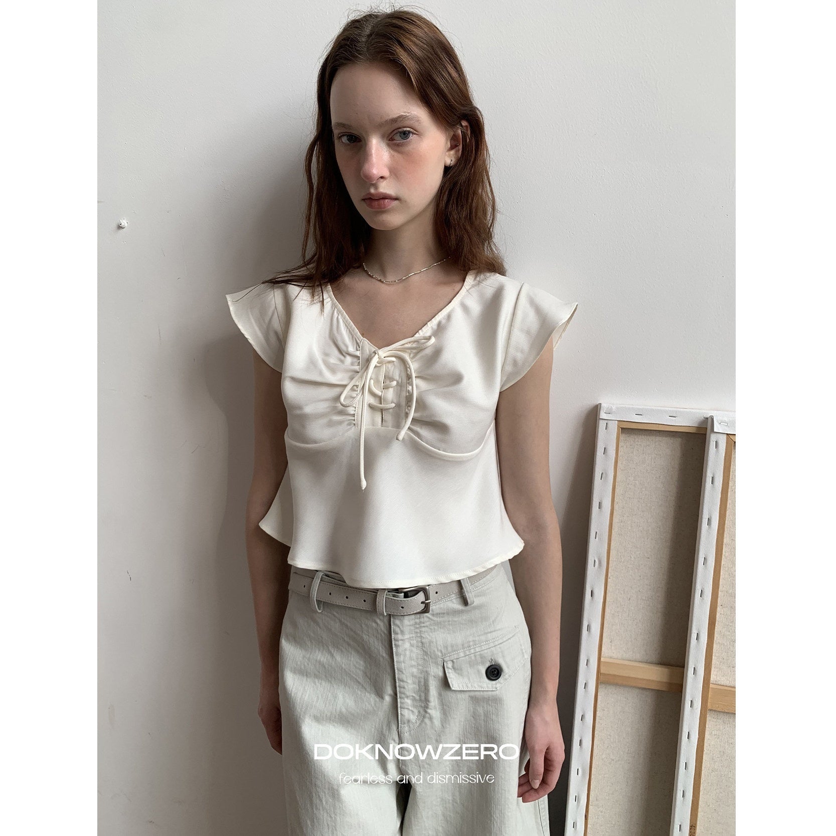 DKZ_OFFICIAL_Apricot_Tie_V-neck_Cap_Sleeve_Cropped_Women&