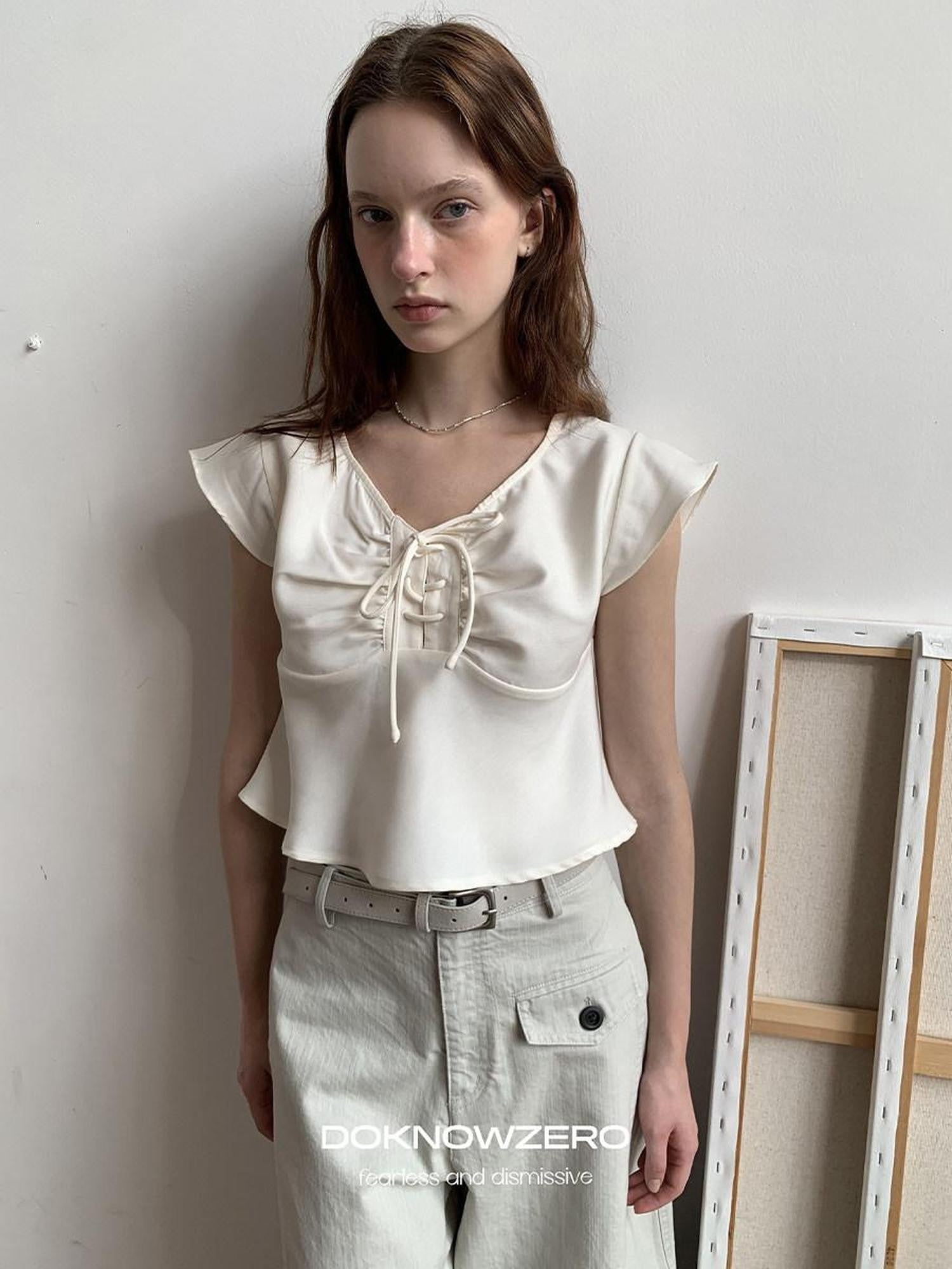 DKZ OFFICIAL Apricot Tie V-neck Cap Sleeve Cropped Women&