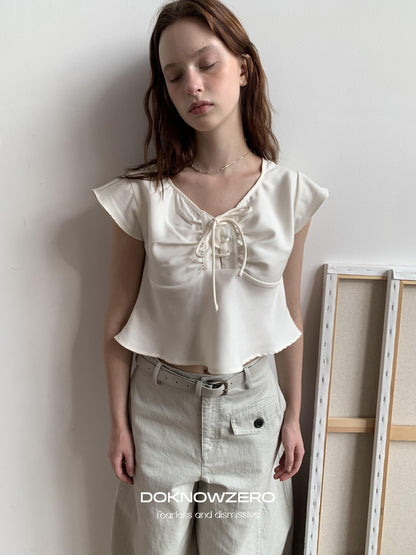 DKZ OFFICIAL Apricot Tie V-neck Cap Sleeve Cropped Women&