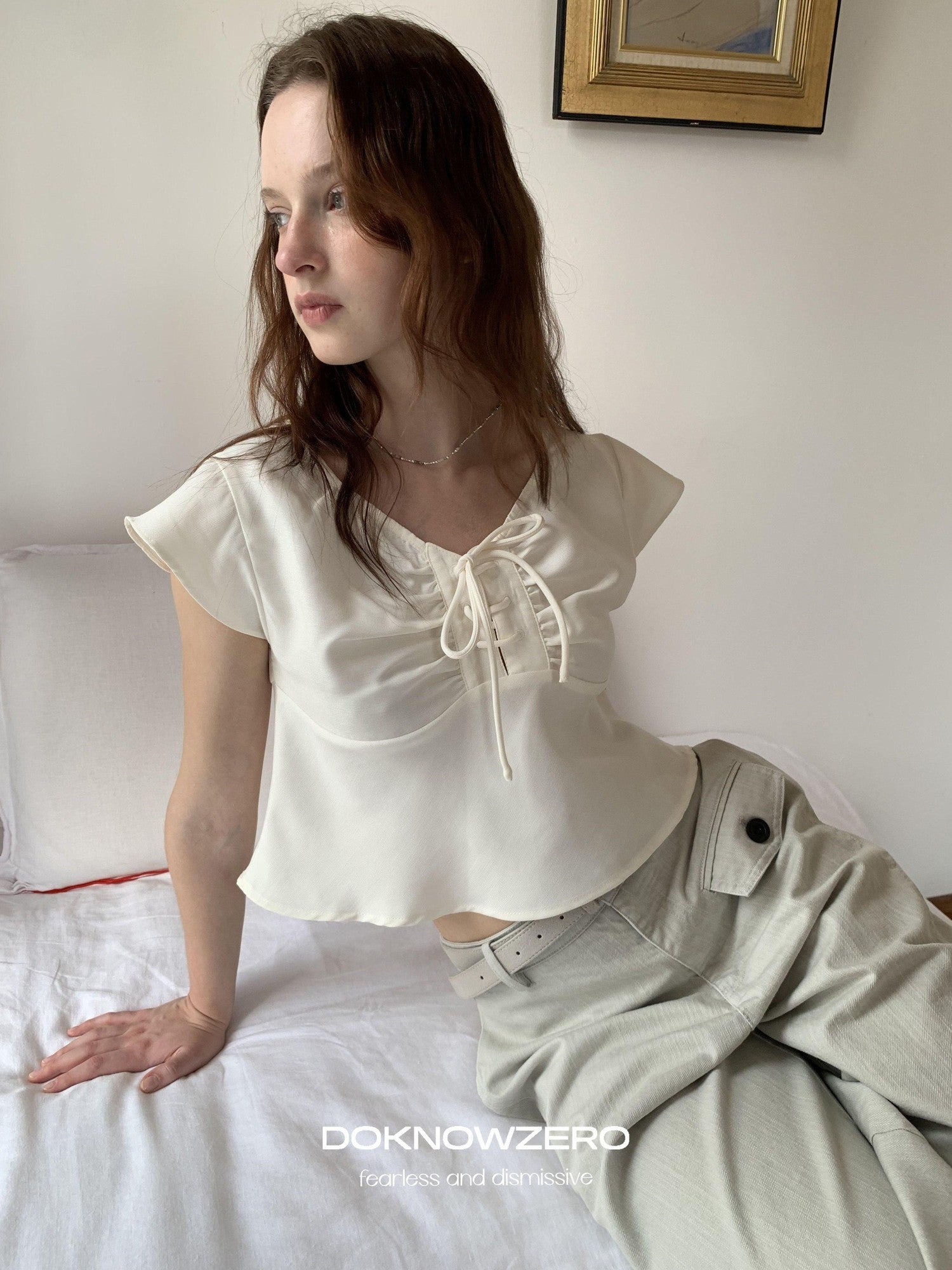 DKZ OFFICIAL Apricot Tie V-neck Cap Sleeve Cropped Women&