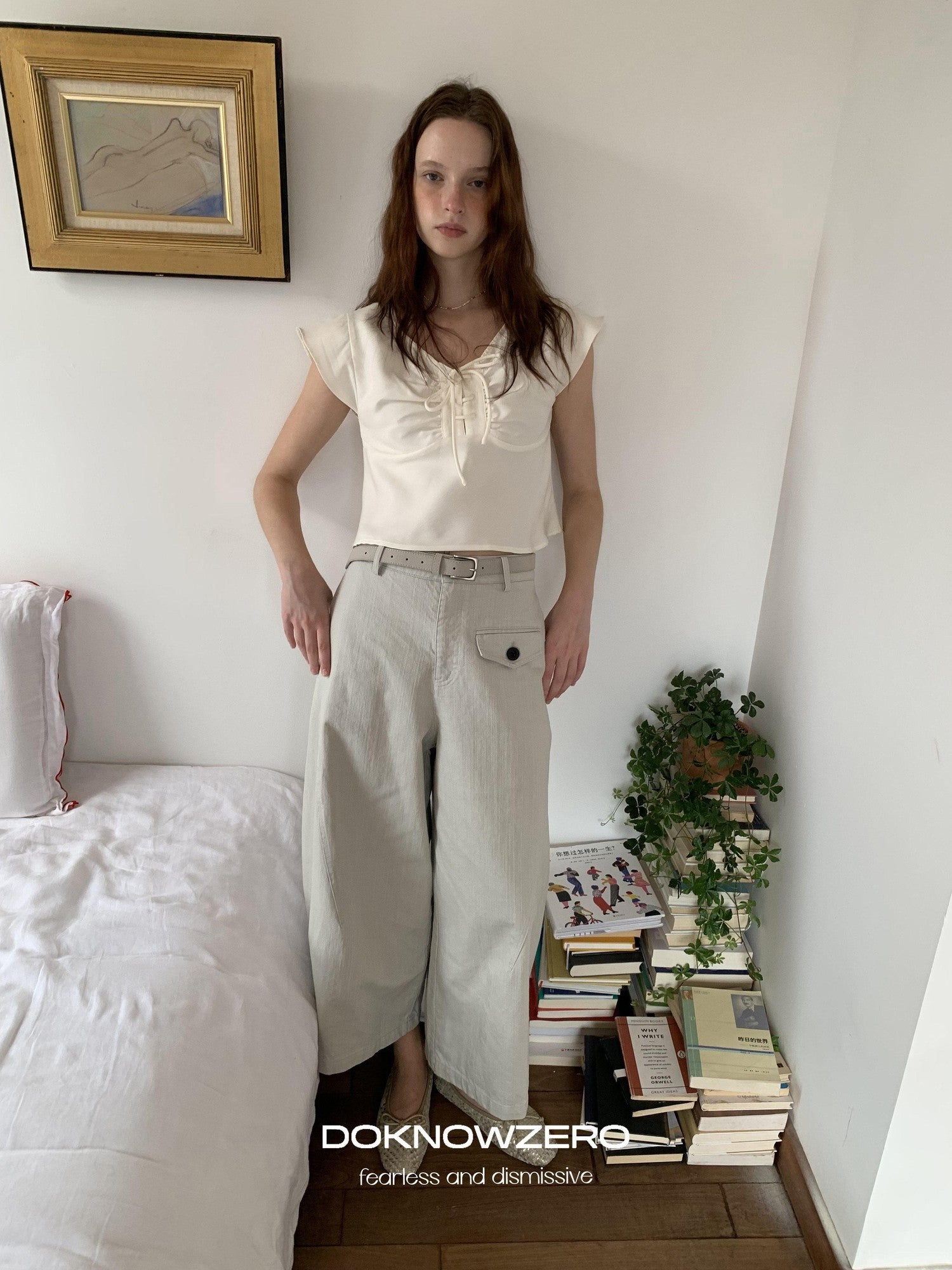 DKZ OFFICIAL Apricot Tie V-neck Cap Sleeve Cropped Women&