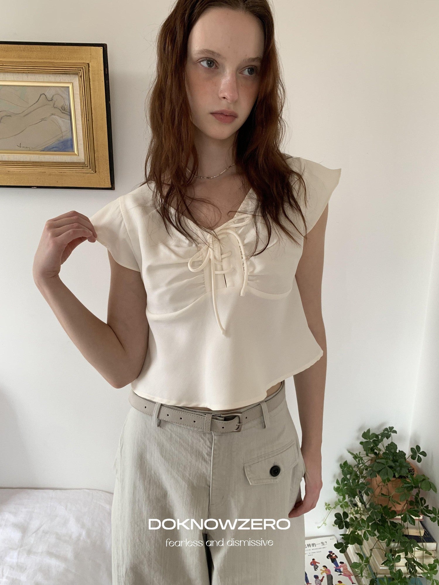 DKZ OFFICIAL Apricot Tie V-neck Cap Sleeve Cropped Women&