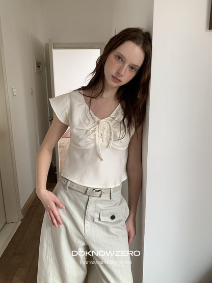 DKZ OFFICIAL Apricot Tie V-neck Cap Sleeve Cropped Women&