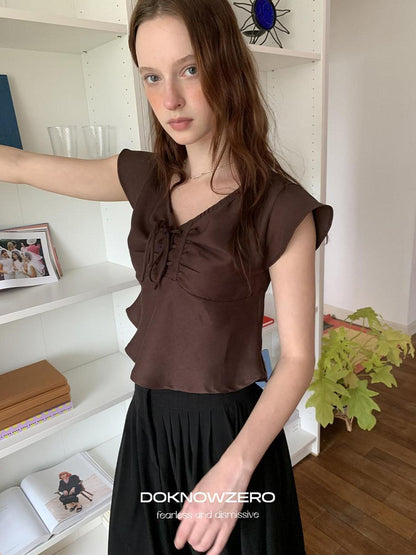 DKZ OFFICIAL Apricot Tie V-neck Cap Sleeve Cropped Women&