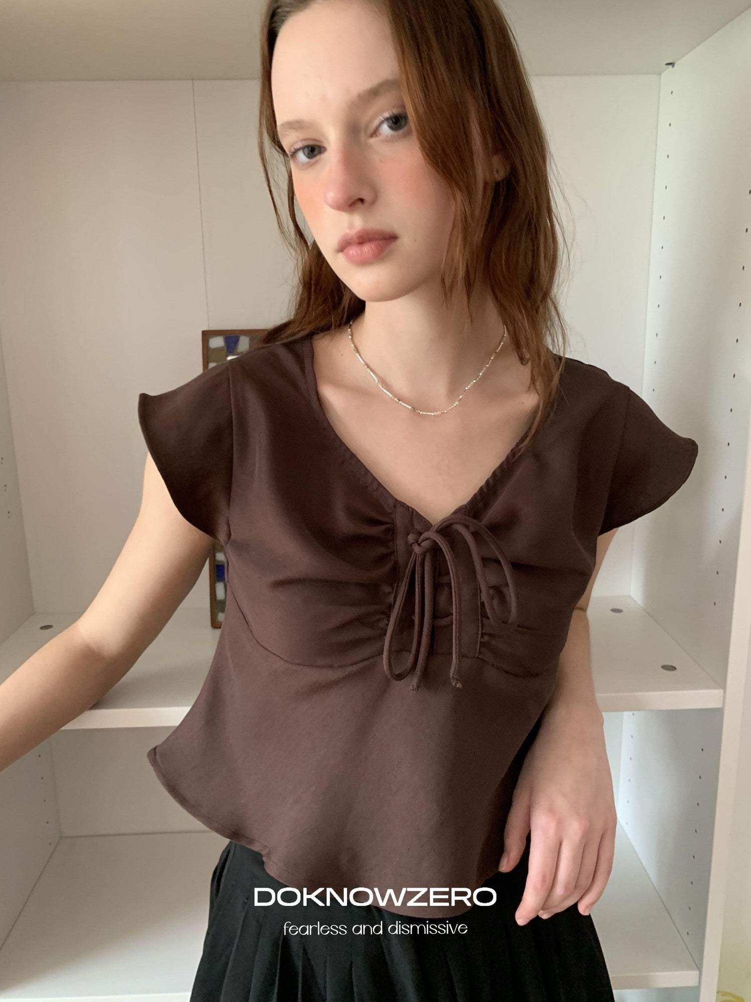 DKZ OFFICIAL Apricot Tie V-neck Cap Sleeve Cropped Women&