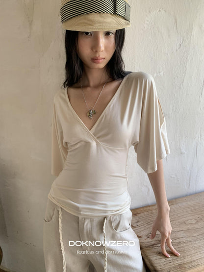 DKZ OFFICIAL Apricot V-neck Cutout Slim Waist Flutter Women&