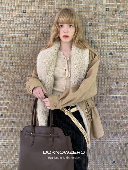 DKZ OFFICIAL Apricot Vintage Oversized Large Fur Collar Drawstring Women&
