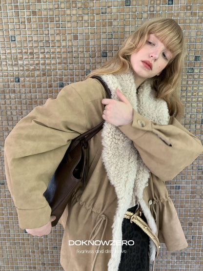 DKZ OFFICIAL Apricot Vintage Oversized Large Fur Collar Drawstring Women&