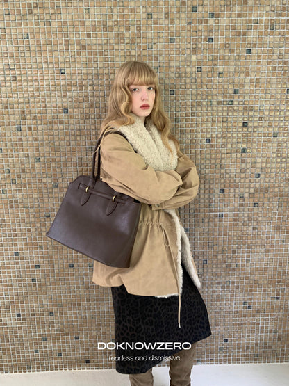 DKZ OFFICIAL Apricot Vintage Oversized Large Fur Collar Drawstring Women&