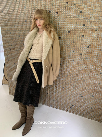 DKZ OFFICIAL Apricot Vintage Oversized Large Fur Collar Drawstring Women&