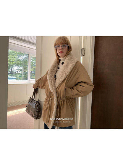 DKZ OFFICIAL Apricot Vintage Oversized Large Fur Collar Drawstring Women&