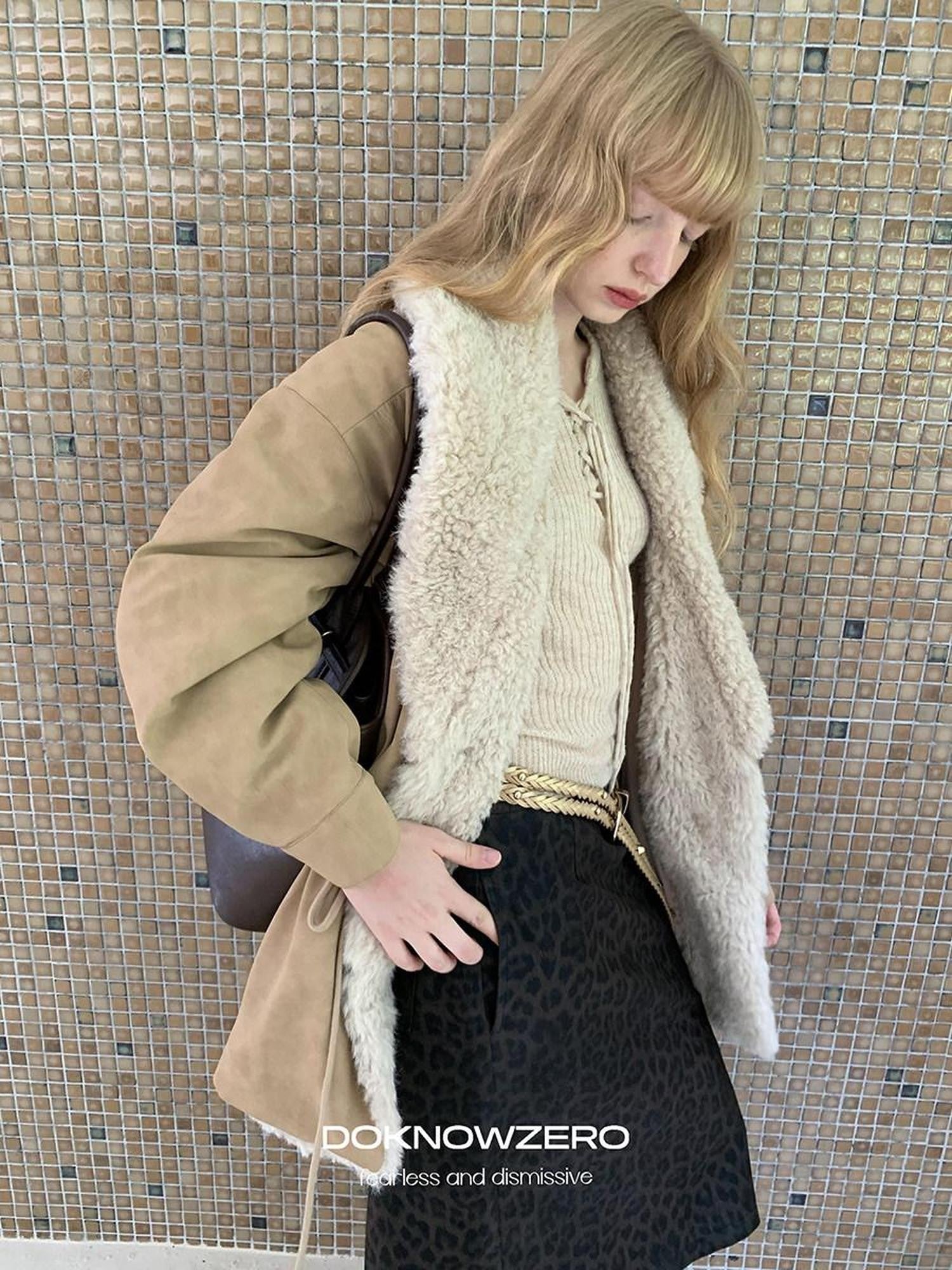 DKZ OFFICIAL Apricot Vintage Oversized Large Fur Collar Drawstring Women&