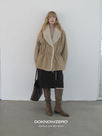 DKZ OFFICIAL Apricot Vintage Oversized Large Fur Collar Drawstring Women&
