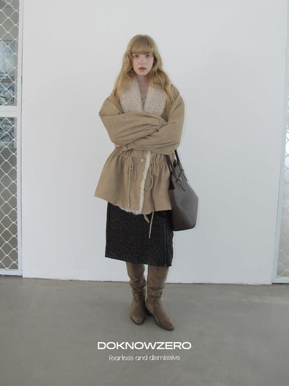 DKZ OFFICIAL Apricot Vintage Oversized Large Fur Collar Drawstring Women&