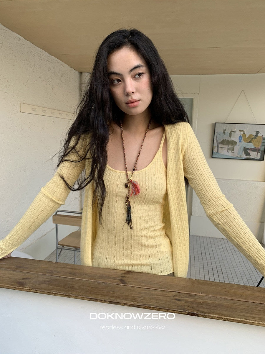 DKZ_OFFICIAL_Apricot_Yellow_Openwork_Ribbed_Knit_Two_Piece_Women&