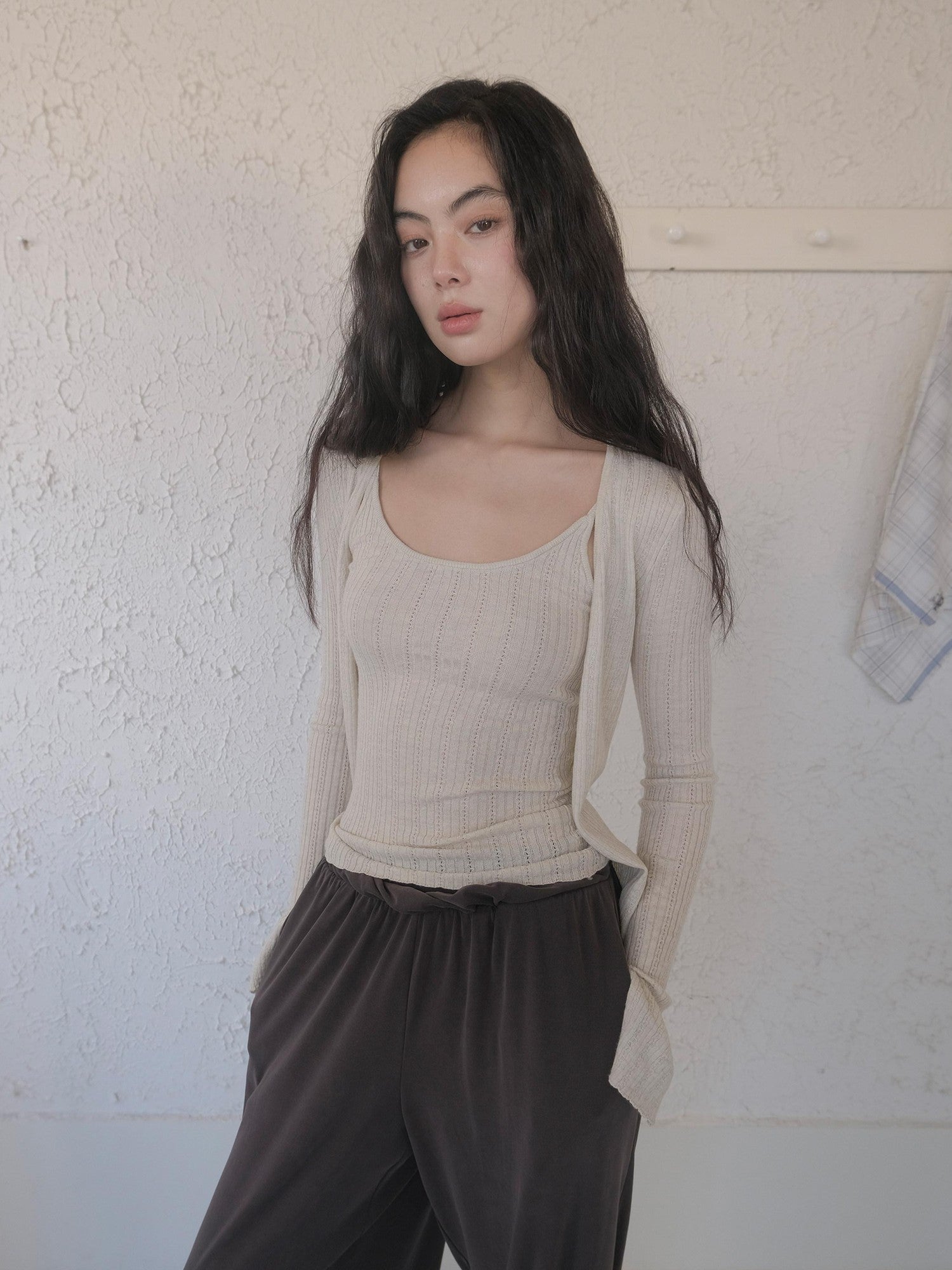 DKZ OFFICIAL Apricot Yellow Openwork Ribbed Knit Two Piece Women&