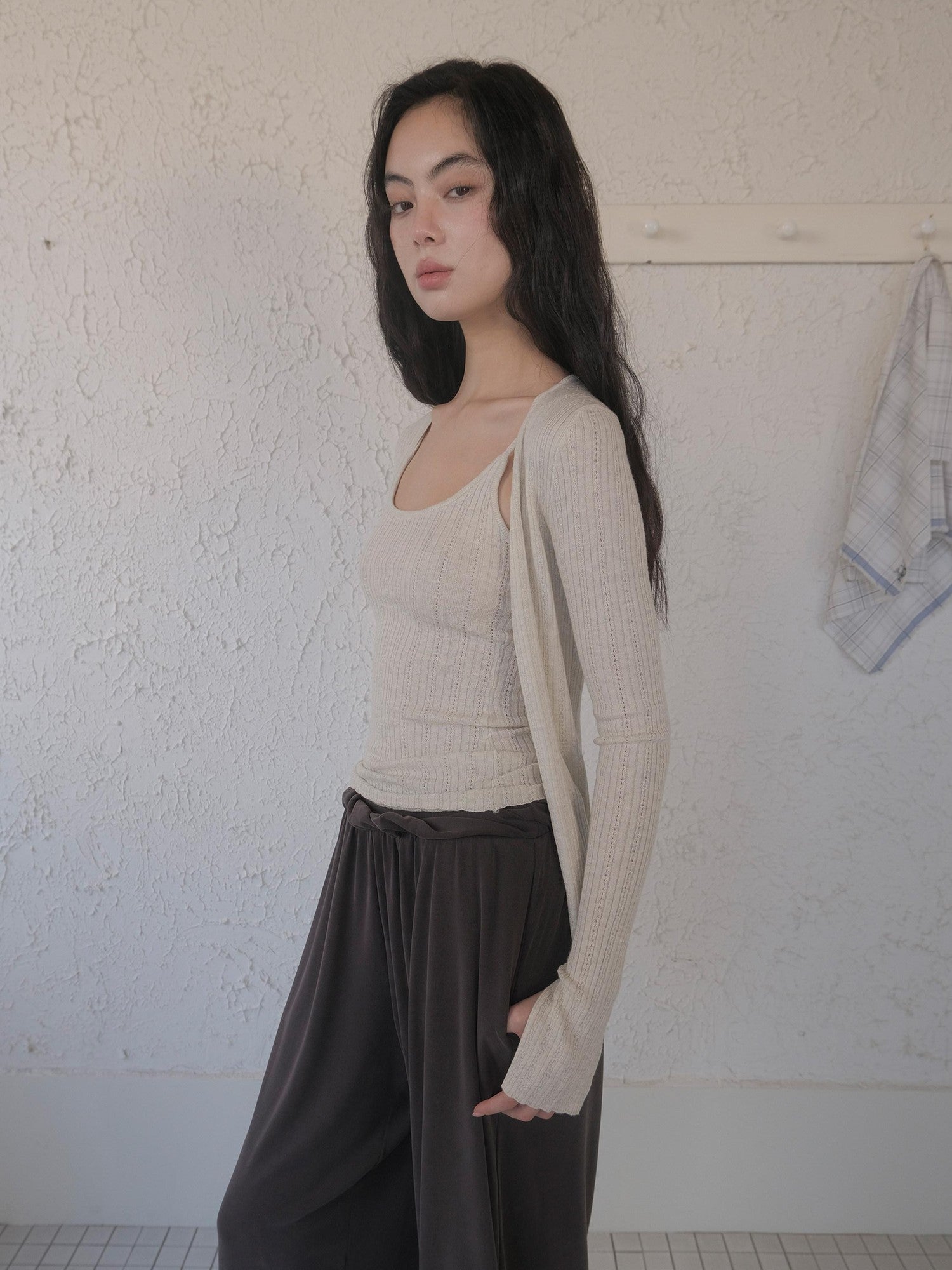 DKZ OFFICIAL Apricot Yellow Openwork Ribbed Knit Two Piece Women&