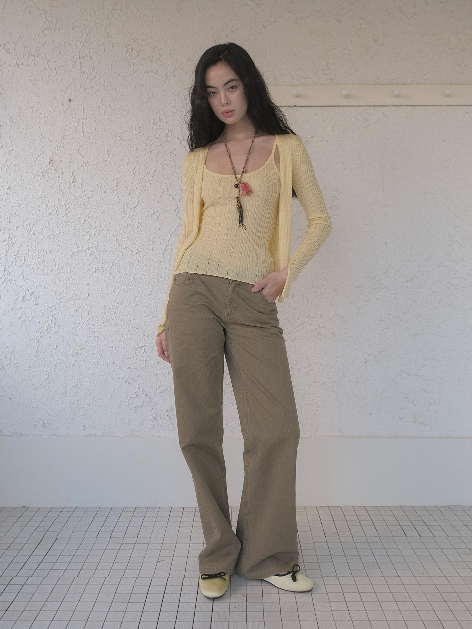 DKZ OFFICIAL Apricot Yellow Openwork Ribbed Knit Two Piece Women&