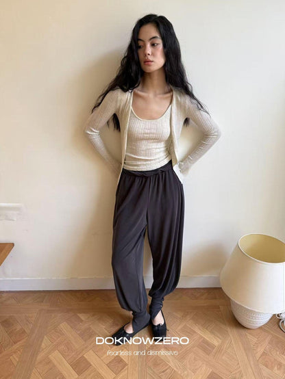DKZ OFFICIAL Apricot Yellow Openwork Ribbed Knit Two Piece Women&