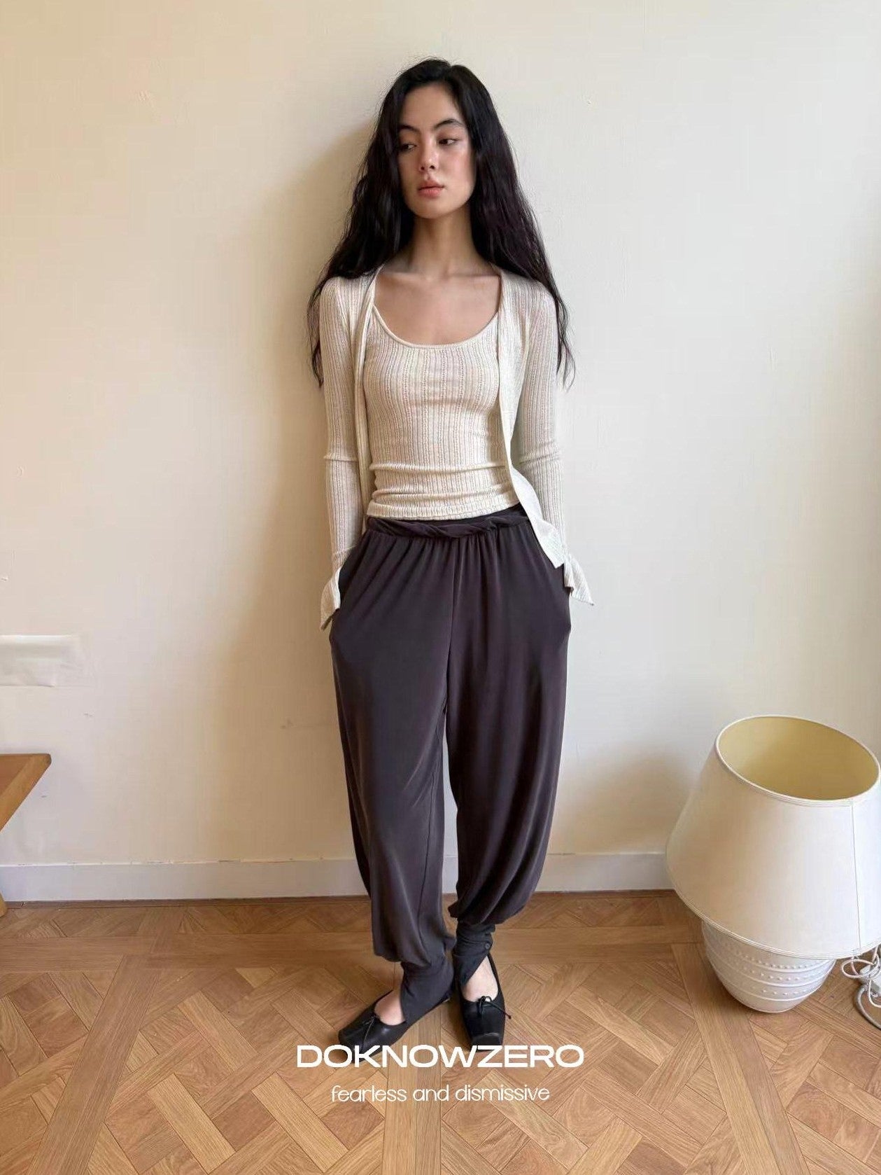 DKZ OFFICIAL Apricot Yellow Openwork Ribbed Knit Two Piece Women&
