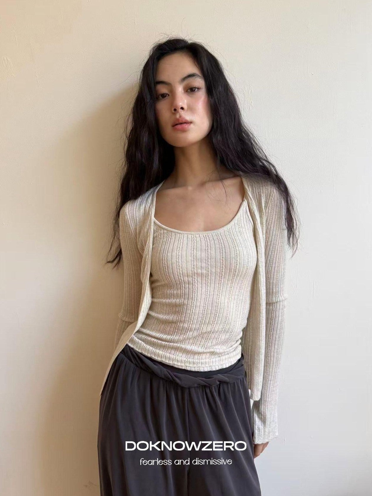 DKZ OFFICIAL Apricot Yellow Openwork Ribbed Knit Two Piece Women&