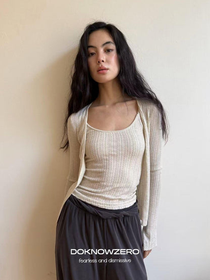 DKZ OFFICIAL Apricot Yellow Openwork Ribbed Knit Two Piece Women&